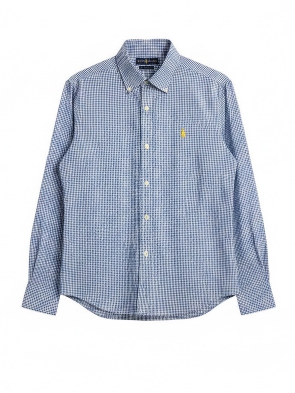 Ralph Lauren Blue and White Gingham Button-Up Shirt with Yellow Polo Logo